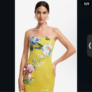 Leo Lin Strapless Yellow Floral Dress with Floral Appliqué